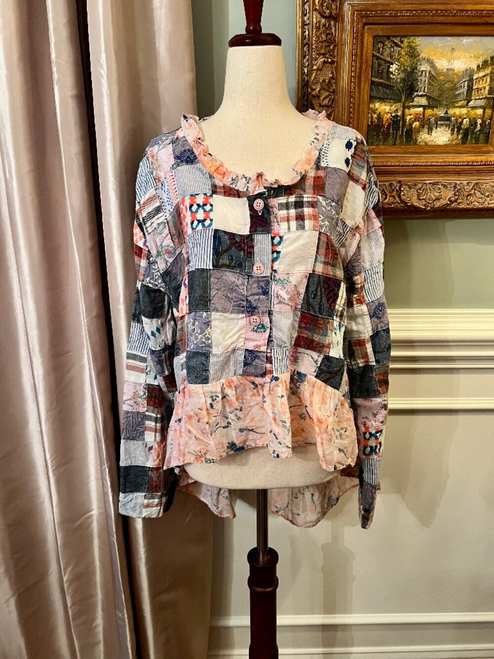 NWOT A Rare Bird Boho Patchwork Ruffled High Low Top Shirt Blouse O/S One Size - Picture 4 of 7